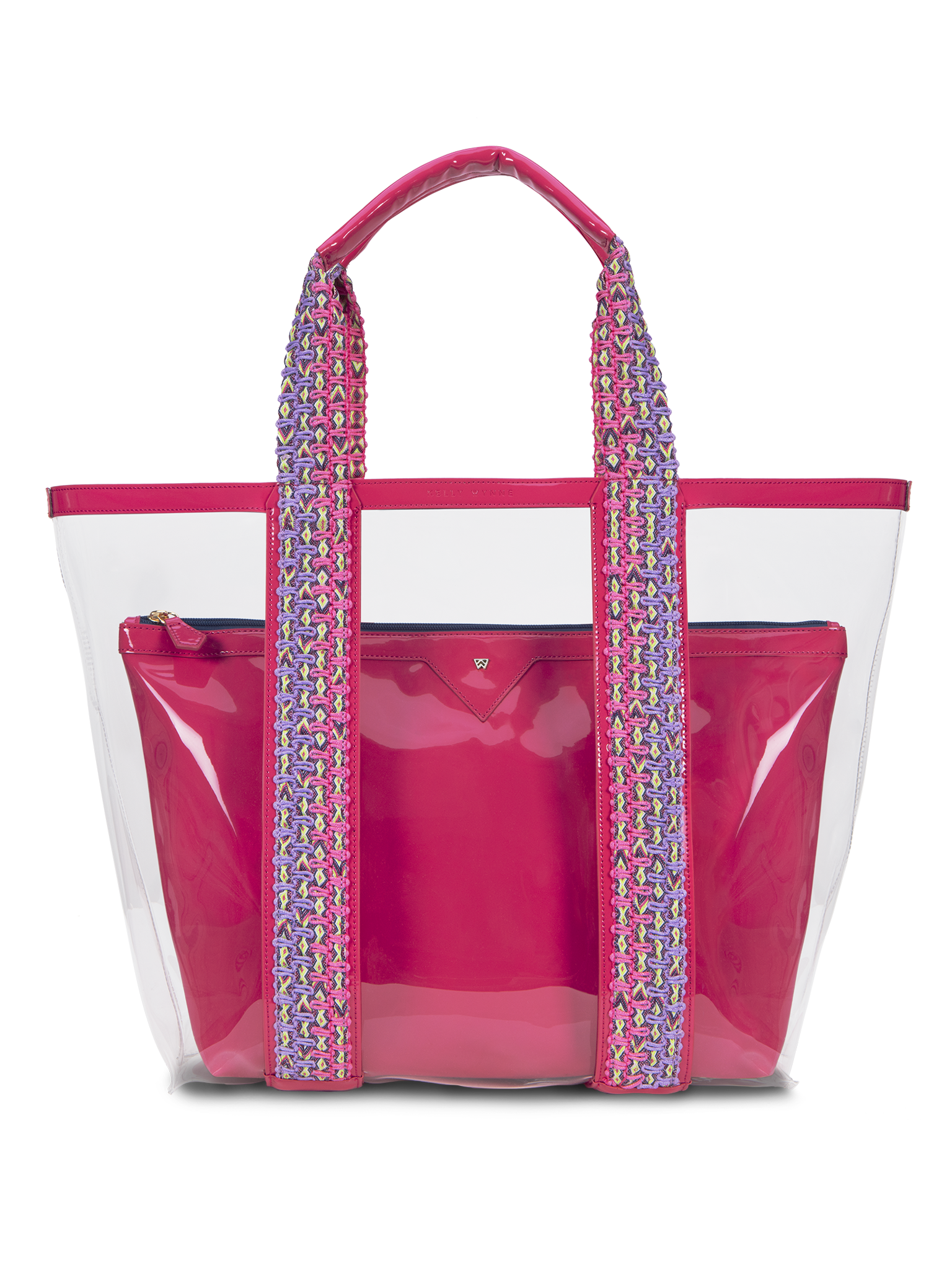 Water resistant, high-quality beach bag. Exterior tote in clear, interior patent leather pouch in mango 