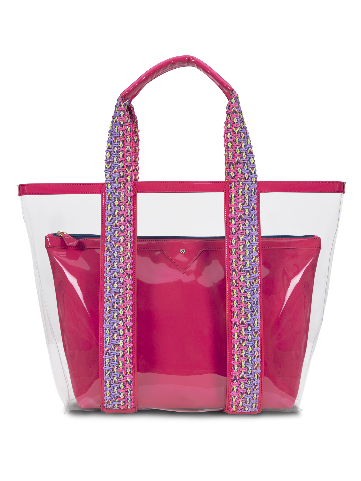Water resistant, high-quality beach bag. Exterior tote in clear, interior patent leather pouch in mango