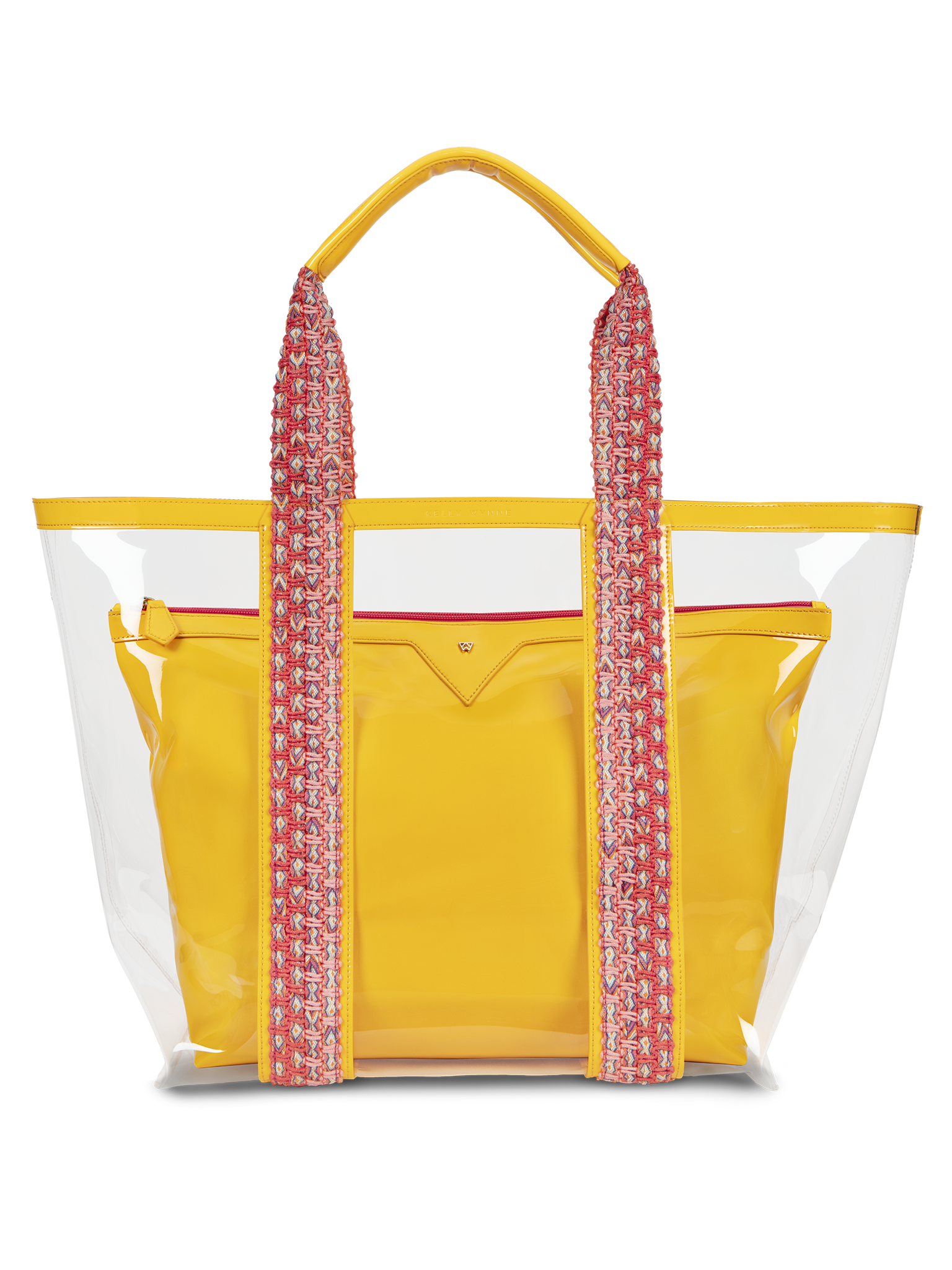 Water resistant, high-quality beach bag. Exterior tote in clear, interior patent leather pouch in magenta