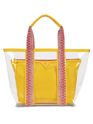 Load image into Gallery viewer, Water resistant, high-quality beach bag. Exterior tote in clear, interior patent leather pouch in magenta #color_limited_edition_mango