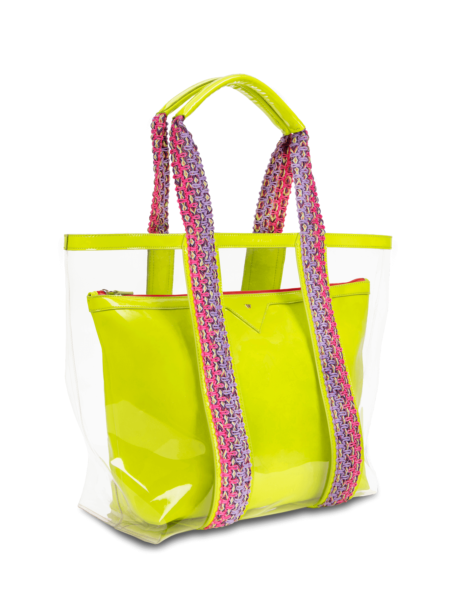 Clear exterior tote large enough to pack all your summer essentials. Waterproof material to make cleaning a breeze. Removable interior pouch made with water resistant vegan leather in neon yellow.