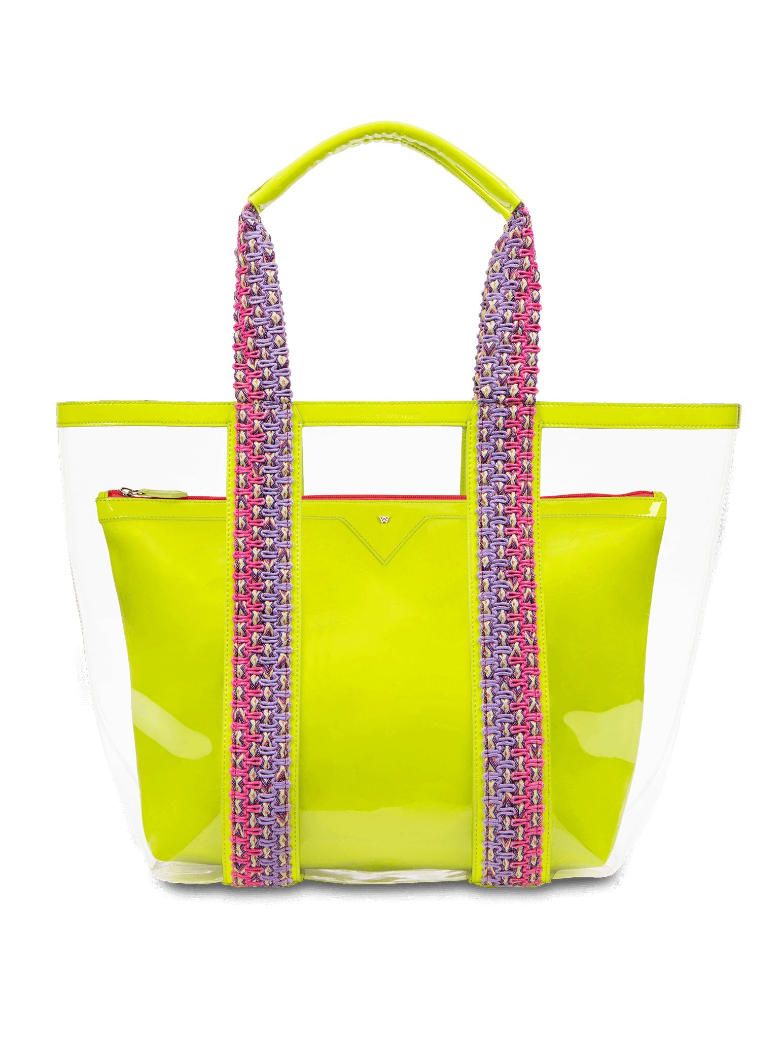 Water resistant, high-quality beach bag. Exterior tote in clear, interior patent leather pouch in neon yellow.