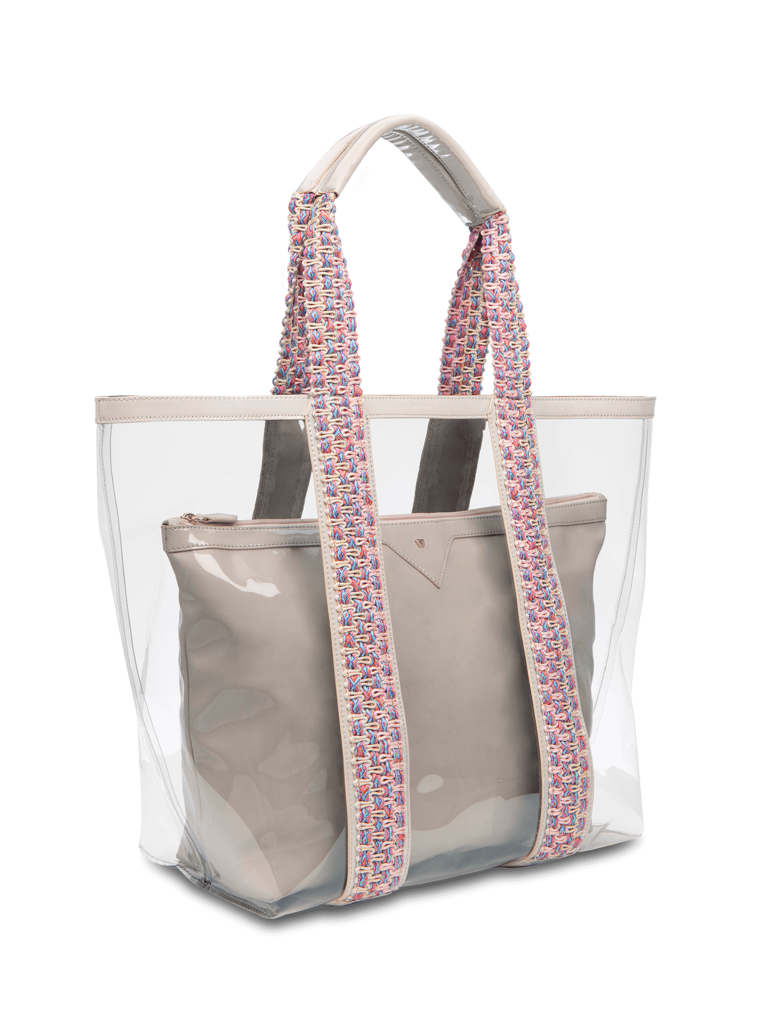 Clear exterior tote large enough to pack all your summer essentials. Waterproof material to make cleaning a breeze. Removable interior pouch made with water resistant vegan leather in taupe. 