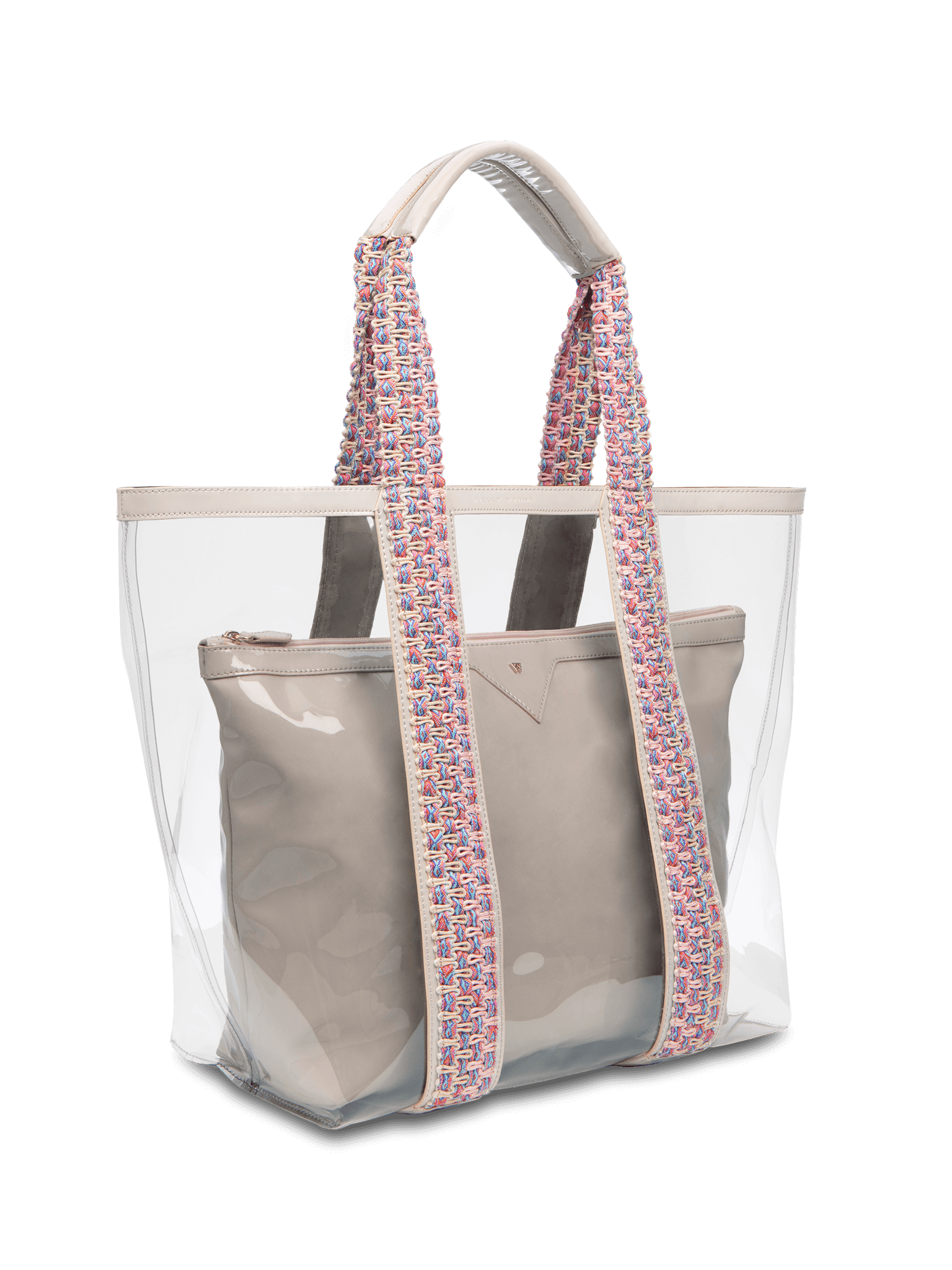 Clear exterior tote large enough to pack all your summer essentials. Waterproof material to make cleaning a breeze. Removable interior pouch made with water resistant vegan leather in taupe.