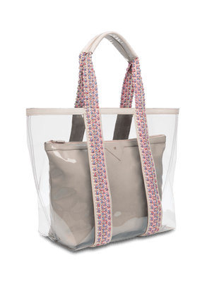 Load image into Gallery viewer, Clear exterior tote large enough to pack all your summer essentials. Waterproof material to make cleaning a breeze. Removable interior pouch made with water resistant vegan leather in taupe. #color_taupe