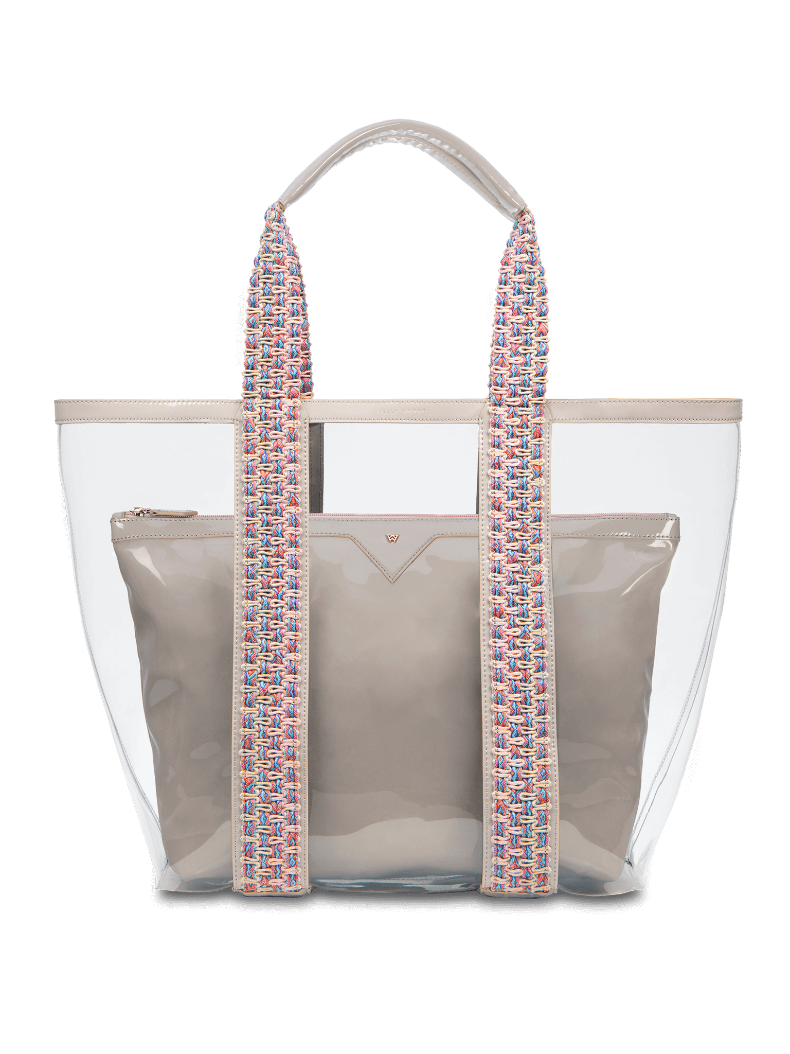 Water resistant, high-quality beach bag. Exterior tote in clear, interior patent leather pouch in Taupe