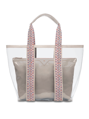 Load image into Gallery viewer, Water resistant, high-quality beach bag. Exterior tote in clear, interior patent leather pouch in Taupe  #color_taupe