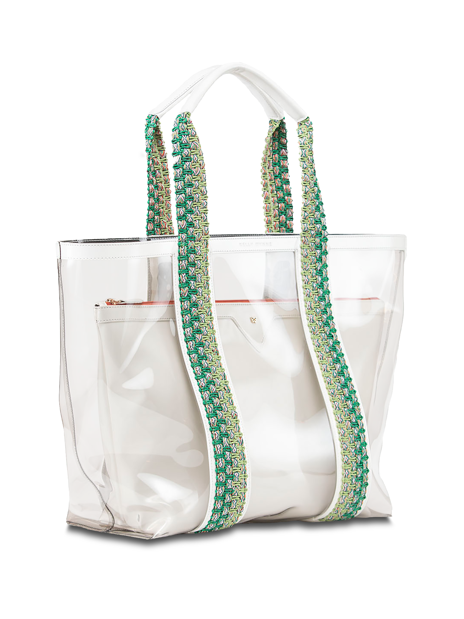 Clear exterior tote large enough to pack all your summer essentials. Waterproof material to make cleaning a breeze. Removable interior pouch made with water resistant vegan leather in white 
