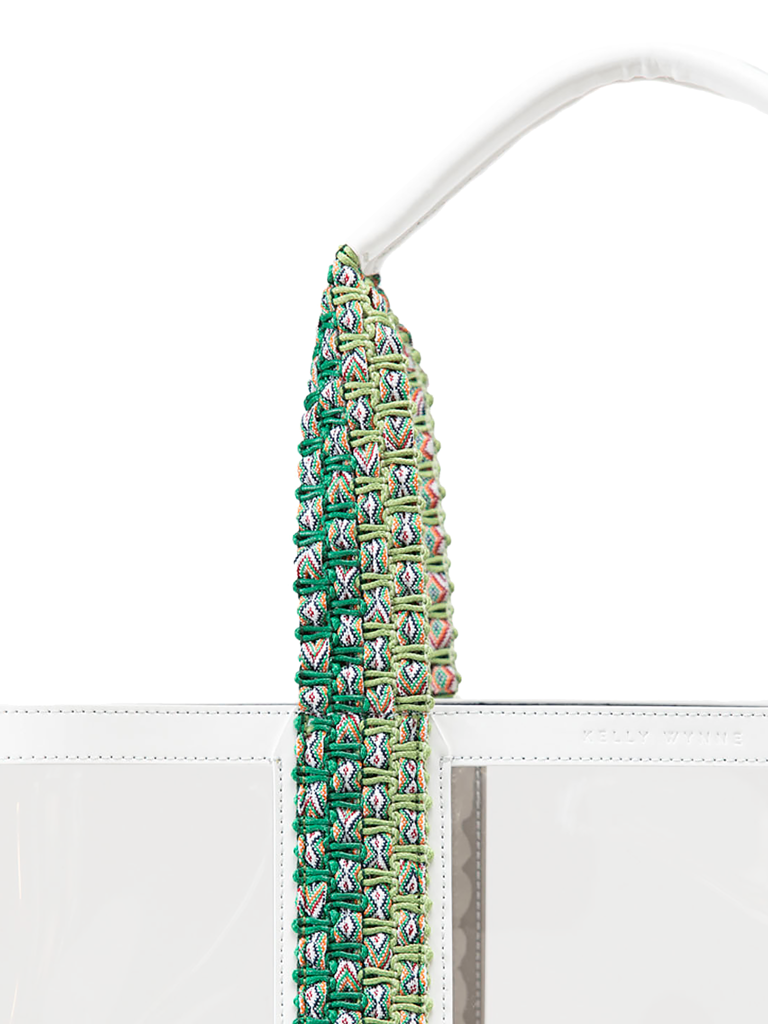 Hand woven, durable strap in green and white. Strap quality ensures your bag can stand up to all your water activities, making this tote easy and comfortable to carry.