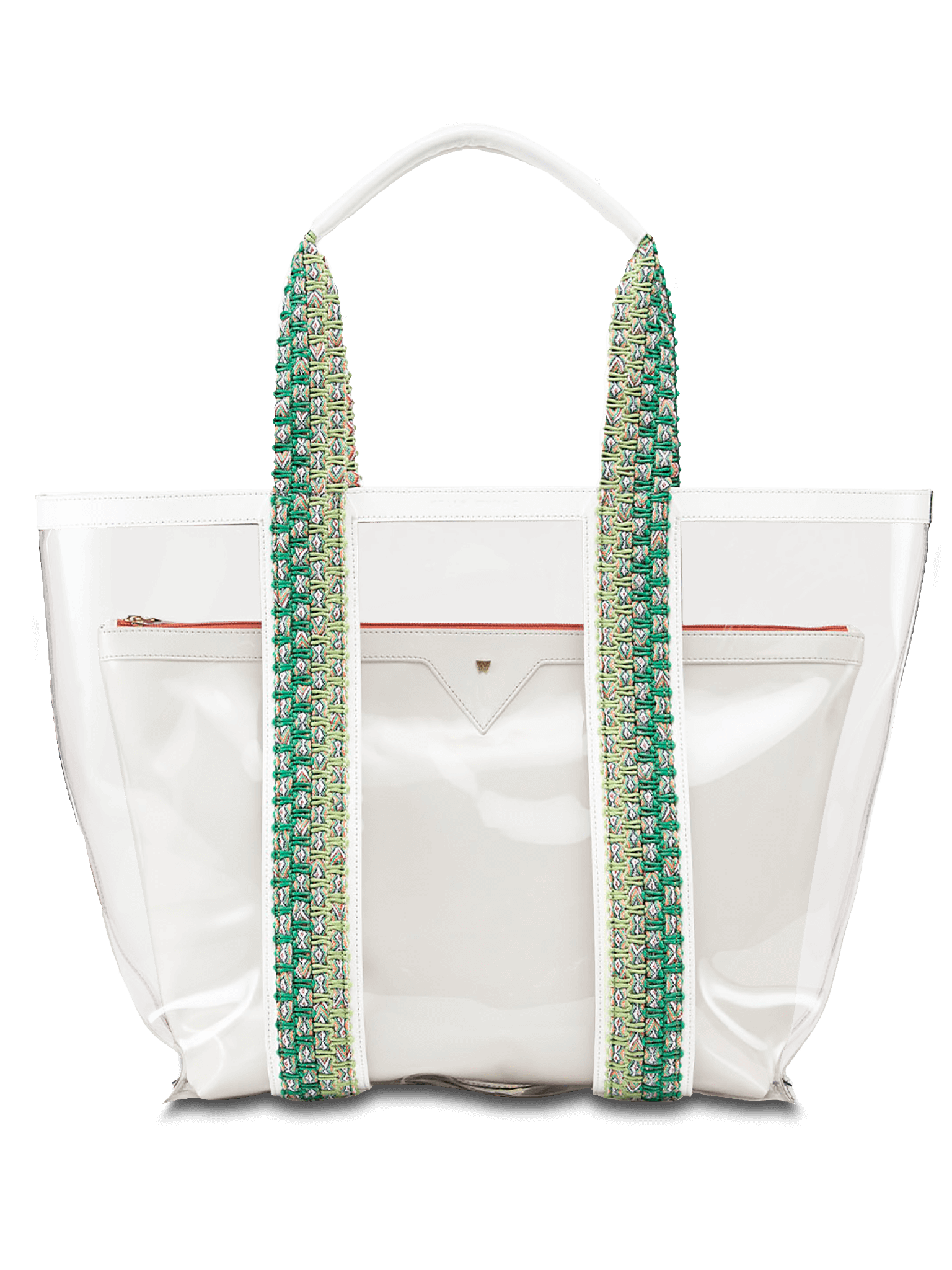 Water resistant, high-quality beach bag. Exterior tote in clear, interior patent leather pouch in White 