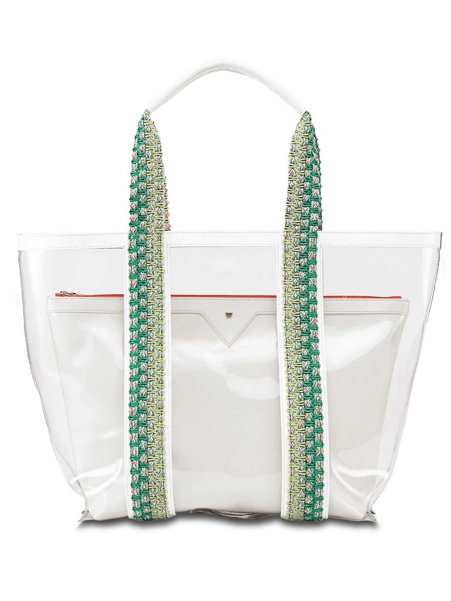 Water resistant, high-quality beach bag. Exterior tote in clear, interior patent leather pouch in White