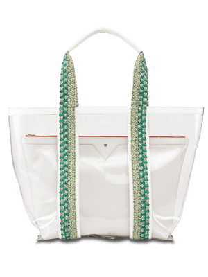 Load image into Gallery viewer, Water resistant, high-quality beach bag. Exterior tote in clear, interior patent leather pouch in White #color_white
