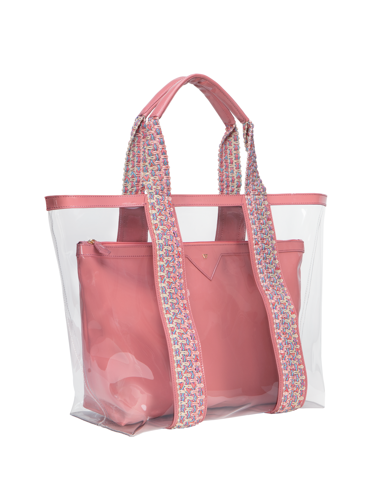 Clear exterior tote large enough to pack all your summer essentials. Waterproof material to make cleaning a breeze. Removable interior pouch made with water resistant vegan leather in dusty pink 