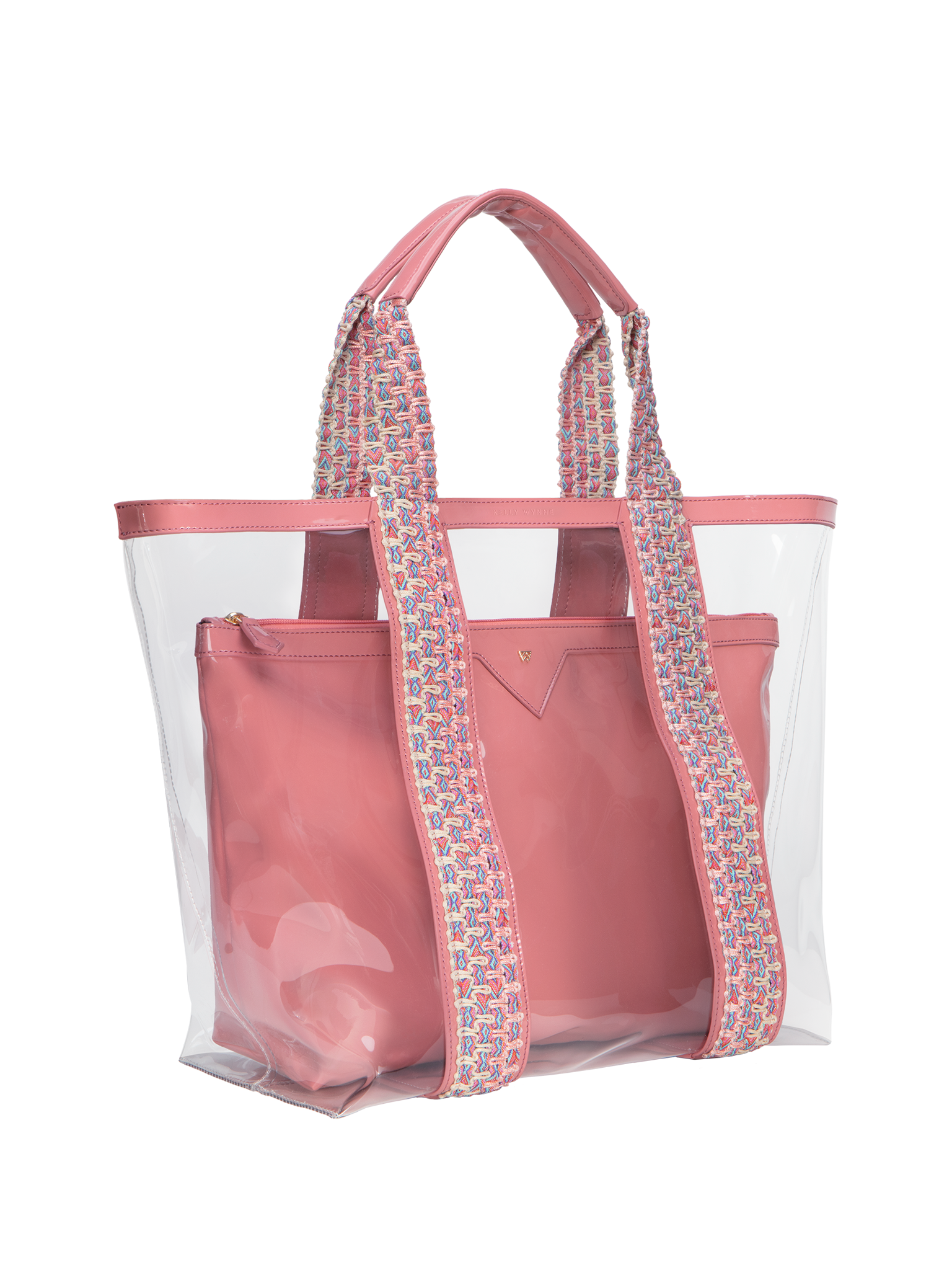 Clear exterior tote large enough to pack all your summer essentials. Waterproof material to make cleaning a breeze. Removable interior pouch made with water resistant vegan leather in dusty pink