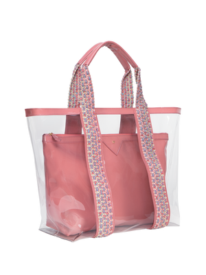 Load image into Gallery viewer, Clear exterior tote large enough to pack all your summer essentials. Waterproof material to make cleaning a breeze. Removable interior pouch made with water resistant vegan leather in dusty pink #color_rose