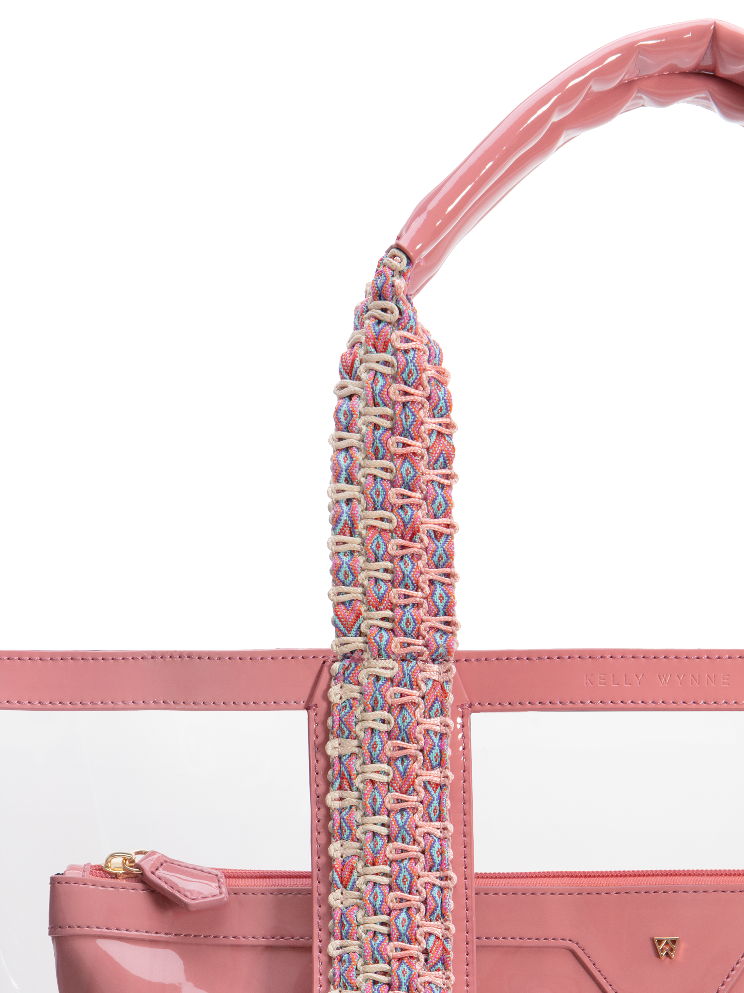 Hand woven, durable strap in tan and dusty pink. Strap quality ensures your bag can stand up to all your water activities, making this tote easy and comfortable to carry