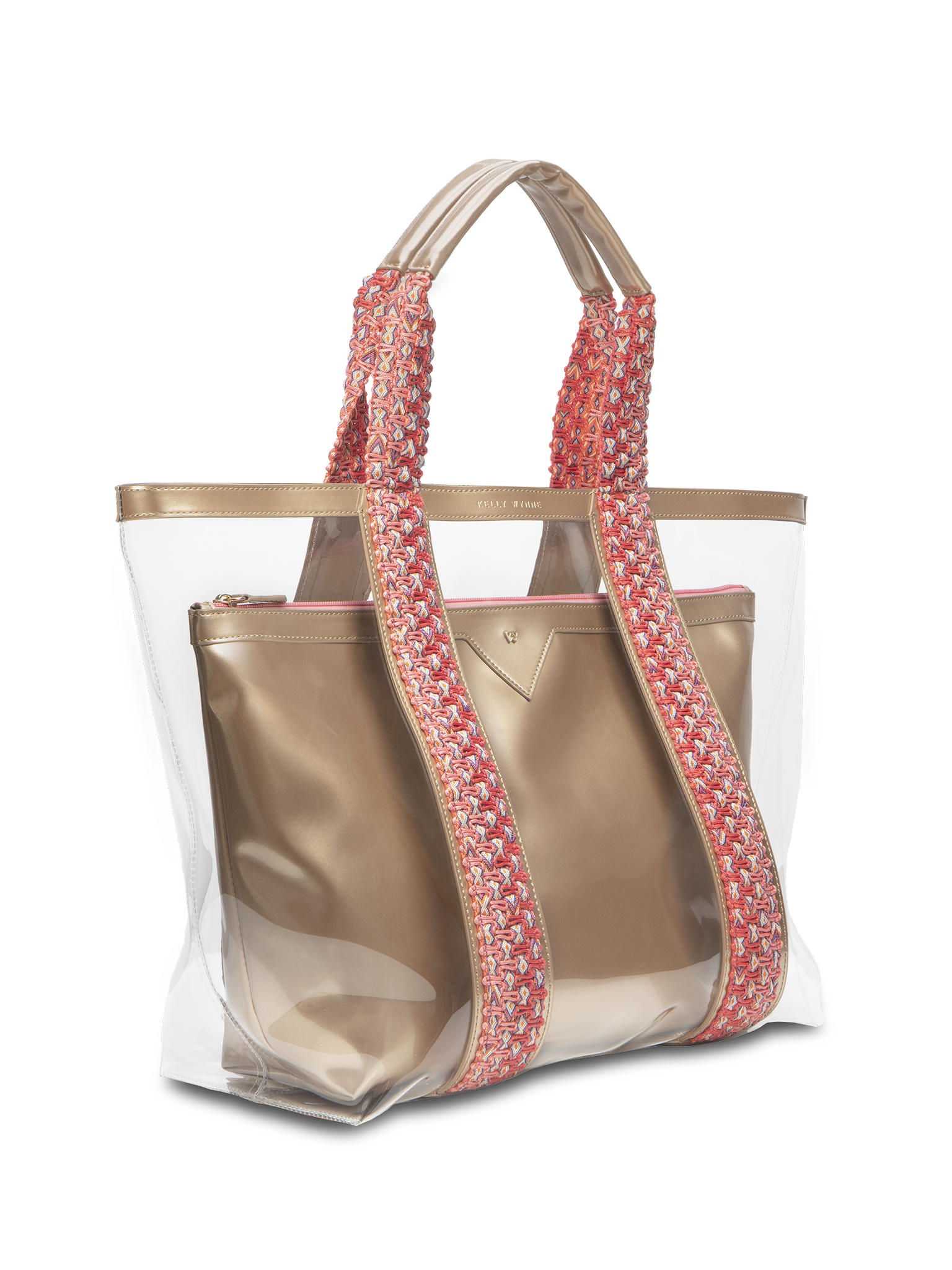 Clear exterior tote large enough to pack all your summer essentials. Waterproof material to make cleaning a breeze. Removable interior pouch made with water resistant vegan leather in champagne gold color
