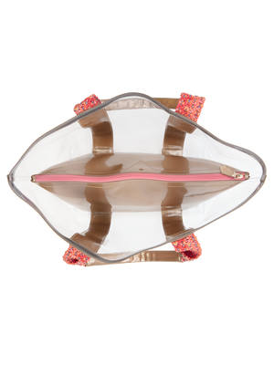 Load image into Gallery viewer, Pack everything you need in our designer bag. Clear, extra large tote with a removable gold pouch ensures you can easily find your sunscreen, phone or other essentials without having to dig around.  #color_champagne