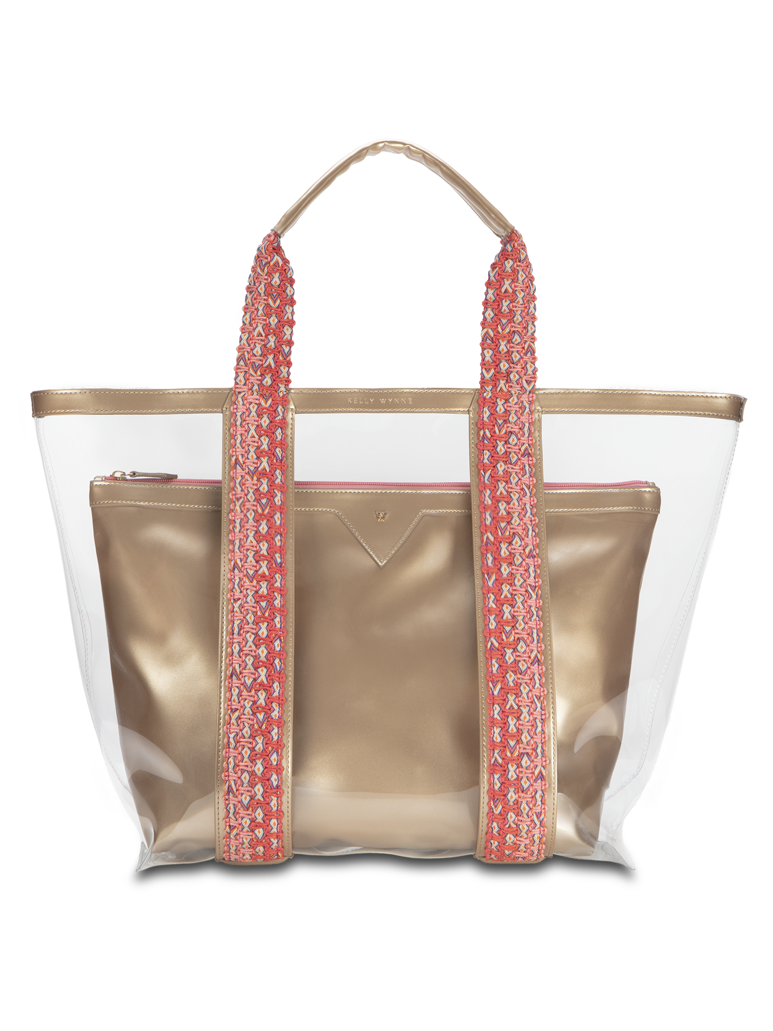 Water resistant, high-quality beach bag. Exterior tote in clear, interior patent leather pouch in Champagne Gold color