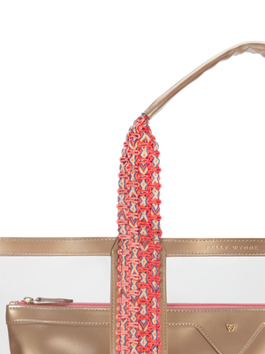 Load image into Gallery viewer, Hand woven, durable strap in coral shades Strap quality ensures your bag can stand up to all your water activities, making this tote easy and comfortable to carry. #color_champagne