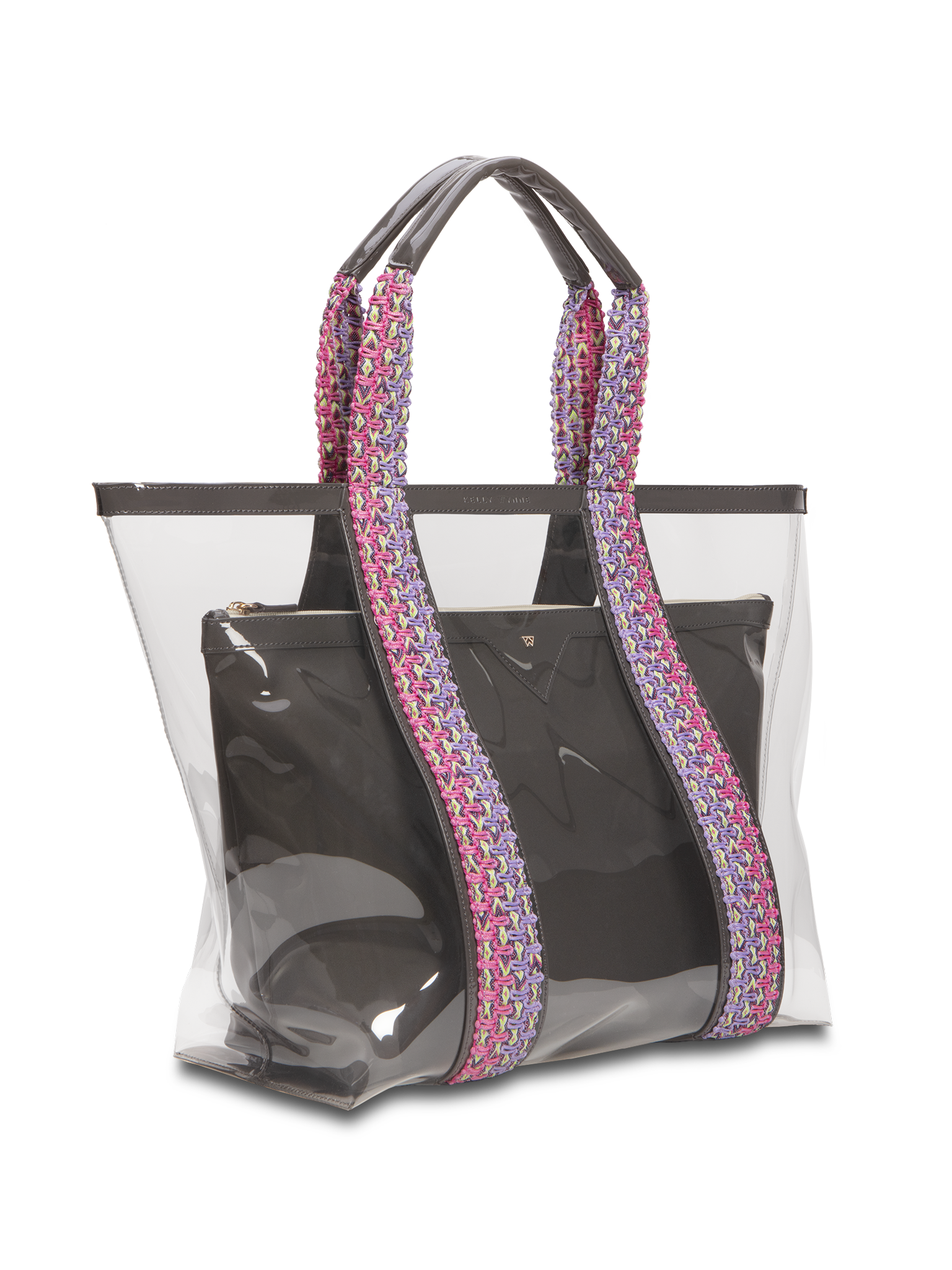 Clear exterior tote large enough to pack all your summer essentials. Waterproof material to make cleaning a breeze. Removable interior pouch made with water resistant vegan leather in black 