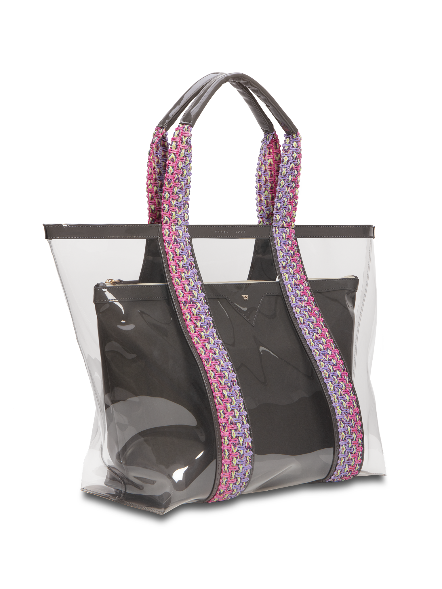Clear exterior tote large enough to pack all your summer essentials. Waterproof material to make cleaning a breeze. Removable interior pouch made with water resistant vegan leather in black