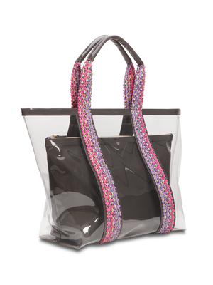 Load image into Gallery viewer, Clear exterior tote large enough to pack all your summer essentials. Waterproof material to make cleaning a breeze. Removable interior pouch made with water resistant vegan leather in black #color_anchor