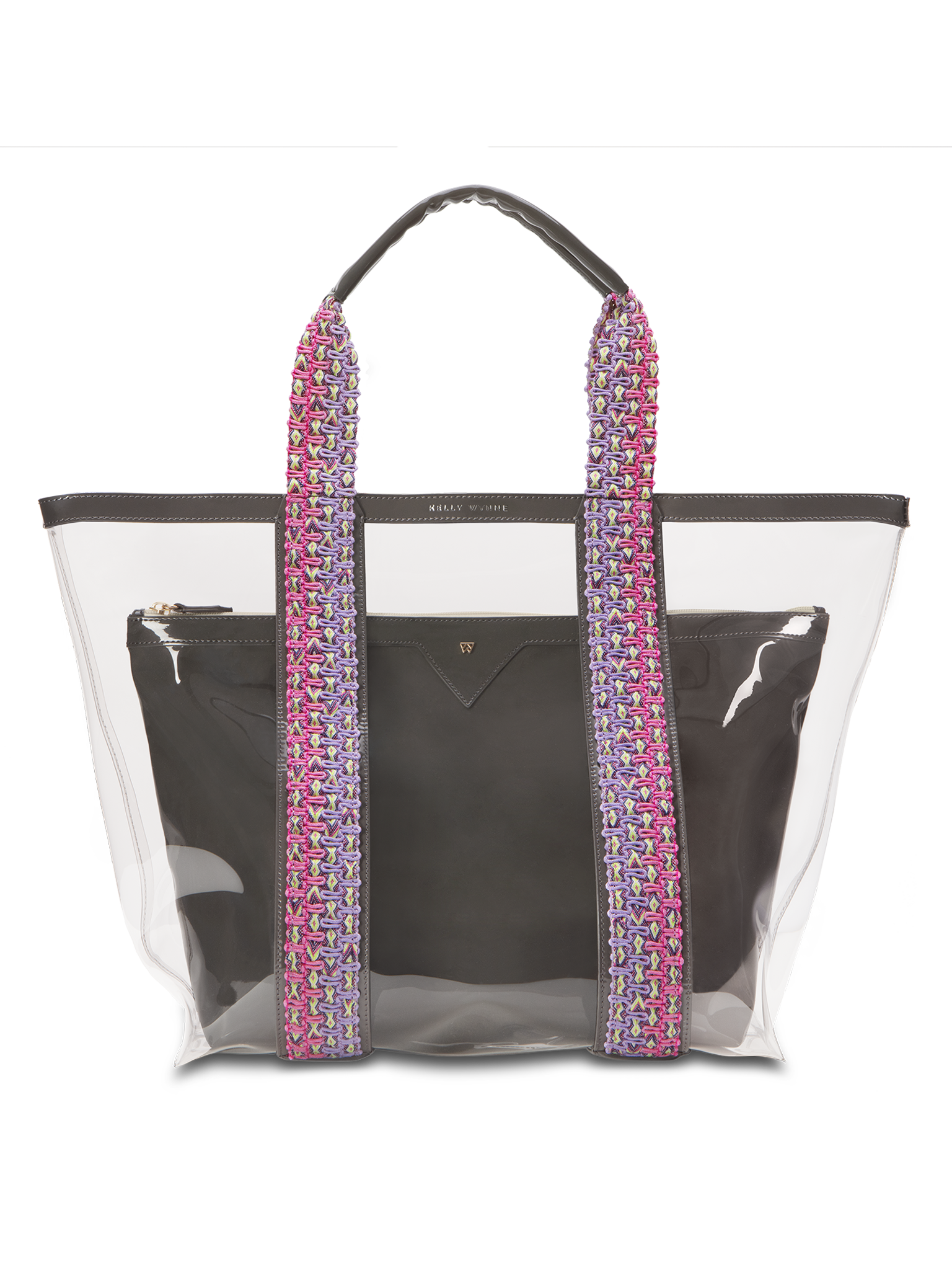 Water resistant, high-quality beach bag. Exterior tote in clear, interior patent leather pouch in black