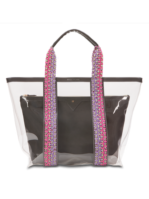 Load image into Gallery viewer, Water resistant, high-quality beach bag. Exterior tote in clear, interior patent leather pouch in black #color_anchor