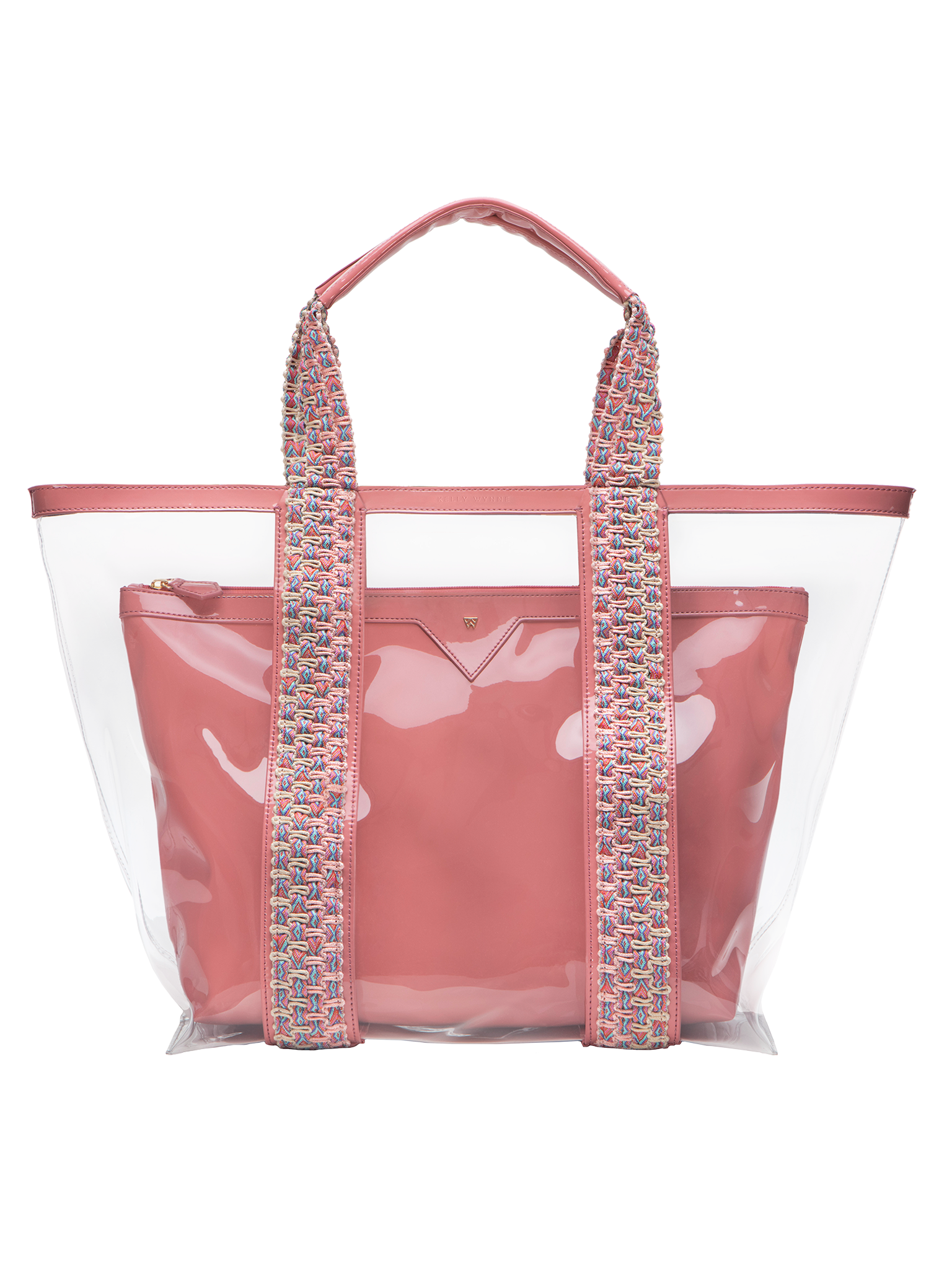 Water resistant, high-quality beach bag. Exterior tote in clear, interior patent leather pouch in rose 