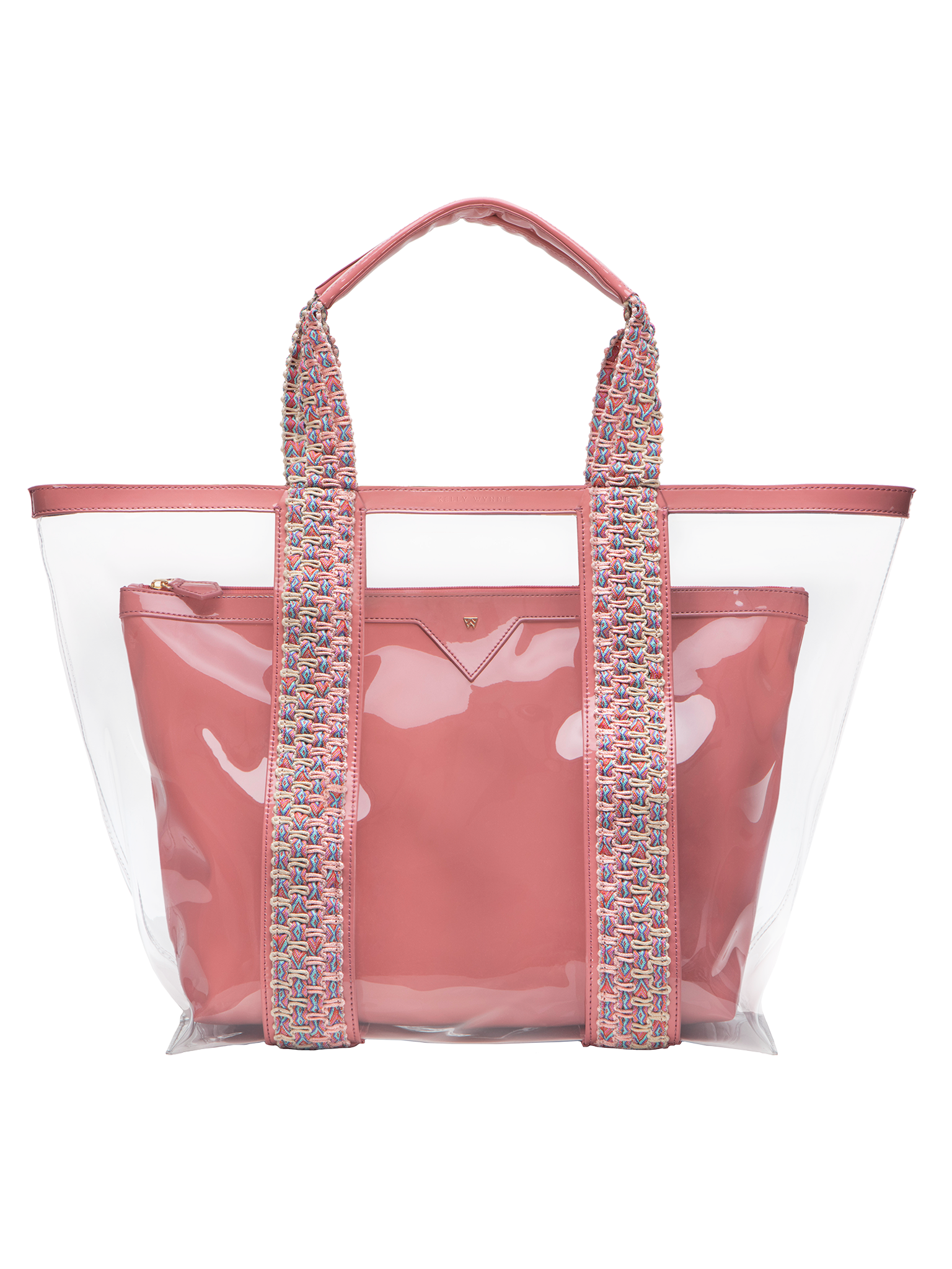 Water resistant, high-quality beach bag. Exterior tote in clear, interior patent leather pouch in rose