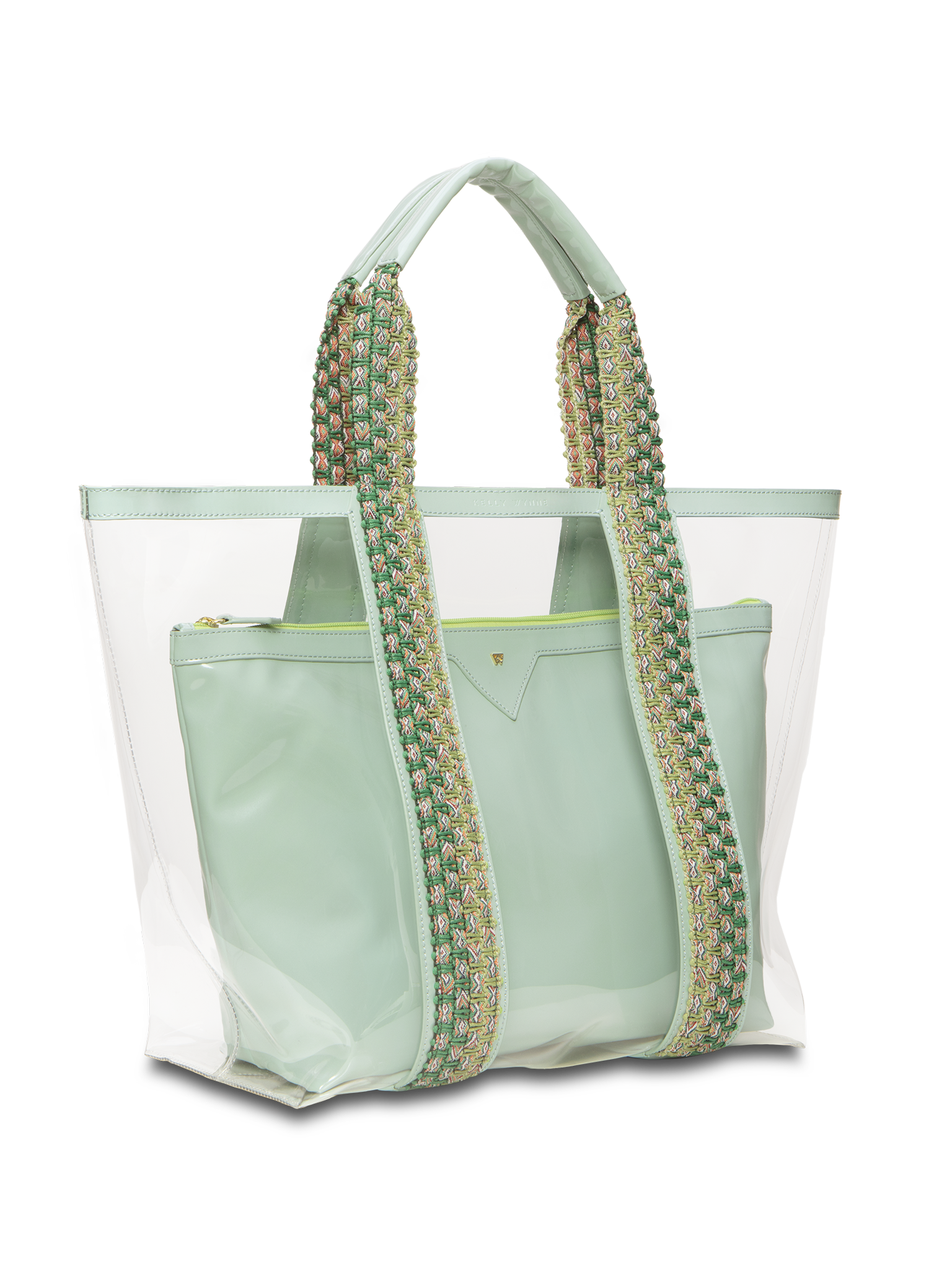 Clear exterior tote large enough to pack all your summer essentials. Waterproof material to make cleaning a breeze. Removable interior pouch made with water resistant vegan leather in green