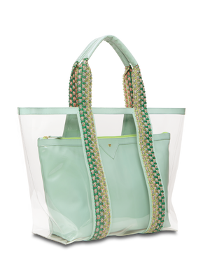 Load image into Gallery viewer, Clear exterior tote large enough to pack all your summer essentials. Waterproof material to make cleaning a breeze. Removable interior pouch made with water resistant vegan leather in green #color_seafoam
