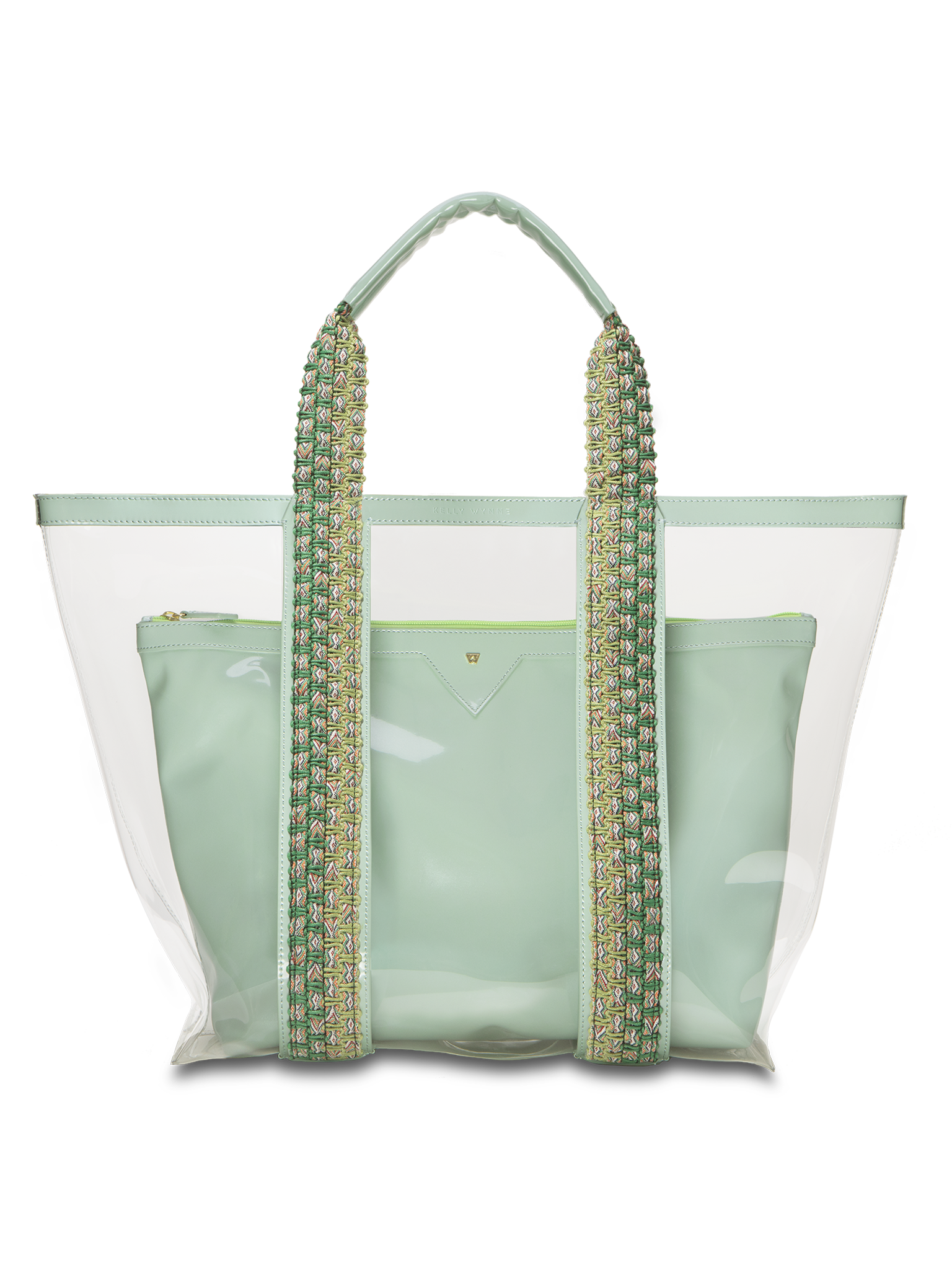Water resistant, high-quality beach bag. Exterior tote in clear, interior patent leather pouch in Seafoam