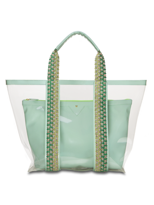 Load image into Gallery viewer, Water resistant, high-quality beach bag. Exterior tote in clear, interior patent leather pouch in Seafoam #color_seafoam