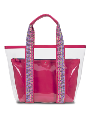 Load image into Gallery viewer, Water resistant, high-quality beach bag. Exterior tote in clear, interior patent leather pouch in mango #color_limited_edition_magenta
