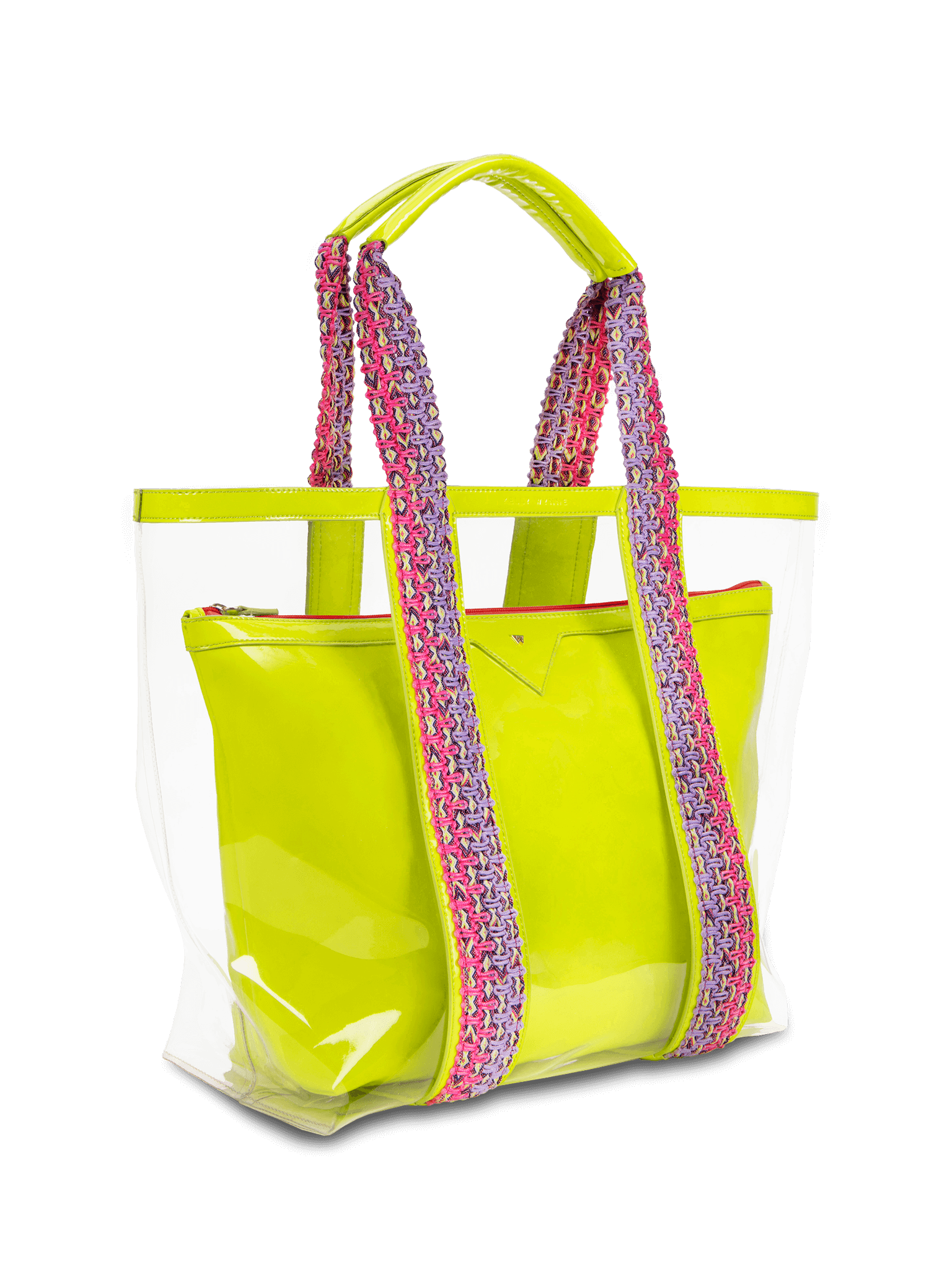 Clear exterior tote large enough to pack all your summer essentials. Waterproof material to make cleaning a breeze. Removable interior pouch made with water resistant vegan leather in neon yellow. 