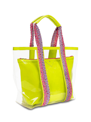 Load image into Gallery viewer, Clear exterior tote large enough to pack all your summer essentials. Waterproof material to make cleaning a breeze. Removable interior pouch made with water resistant vegan leather in neon yellow. #color_neon_yellow
