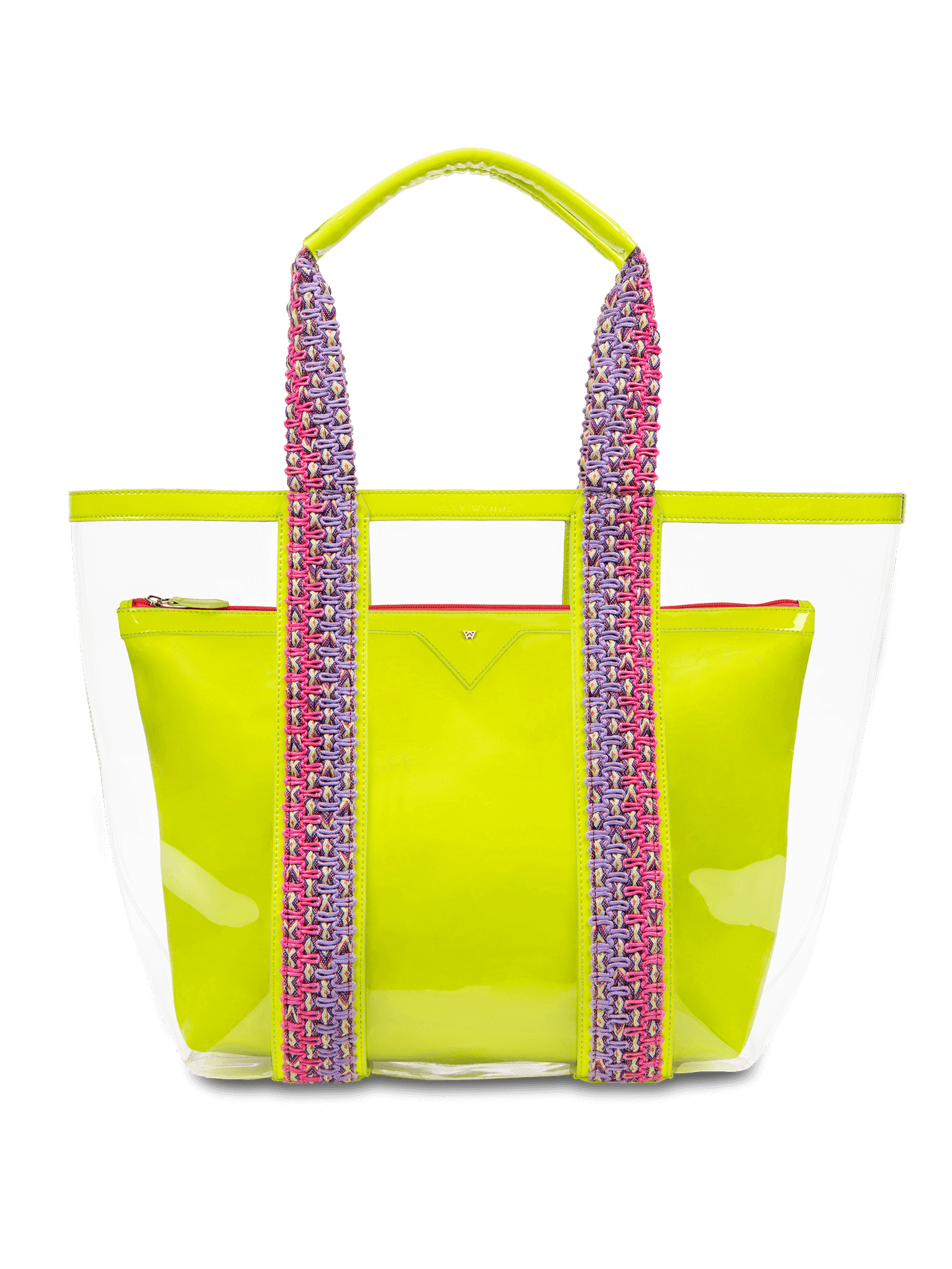Water resistant, high-quality beach bag. Exterior tote in clear, interior patent leather pouch in neon yellow. 
