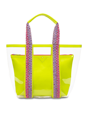 Load image into Gallery viewer, Water resistant, high-quality beach bag. Exterior tote in clear, interior patent leather pouch in neon yellow. #color_neon_yellow
