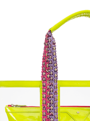 Load image into Gallery viewer, Hand woven, durable strap in pink and purple. Strap quality ensures your bag can stand up to all your water activities, making this tote easy and comfortable to carry. #color_neon_yellow
