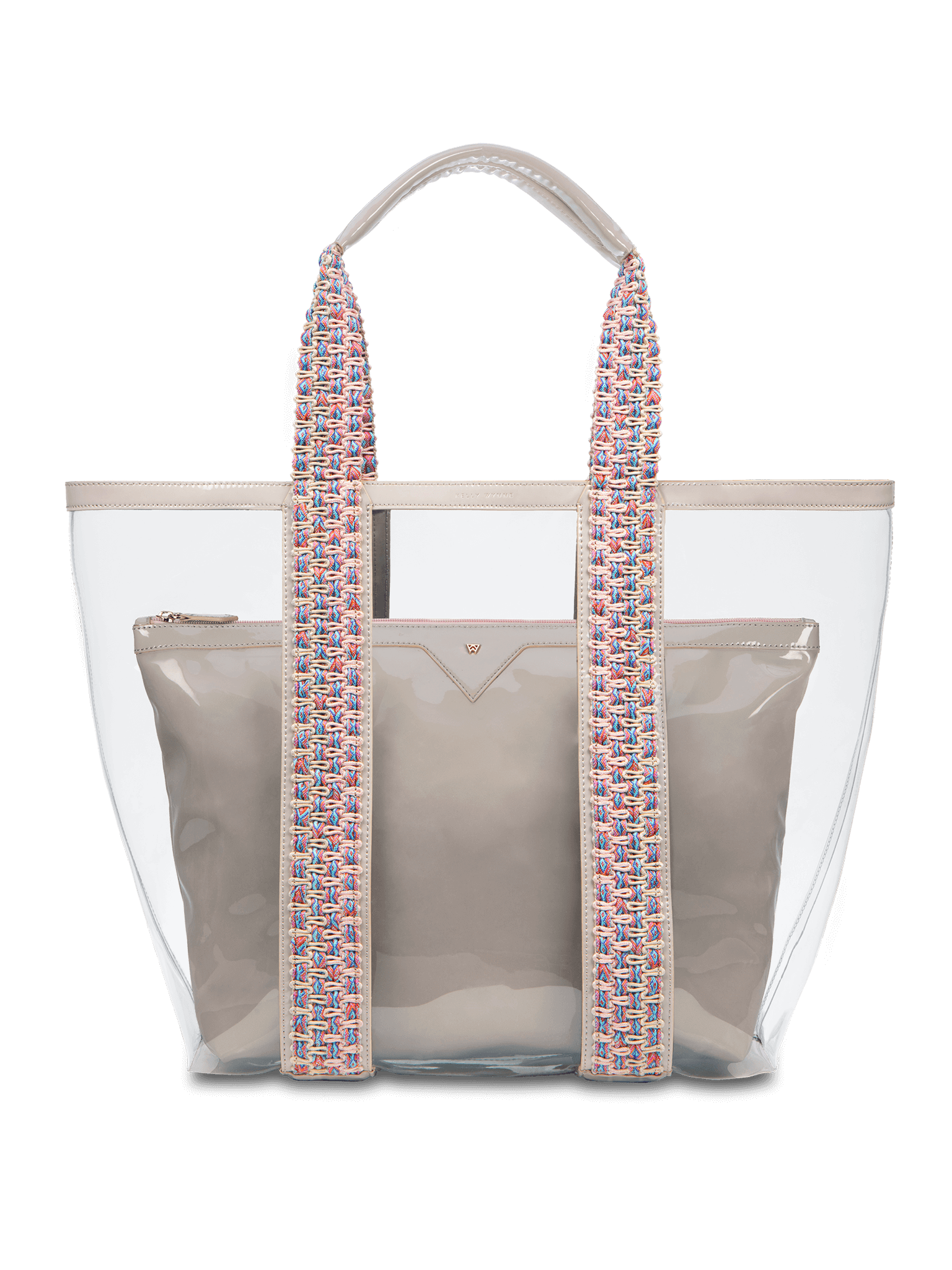Water resistant, high-quality beach bag. Exterior tote in clear, interior patent leather pouch in Taupe  