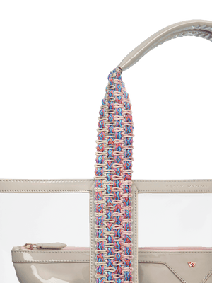 Load image into Gallery viewer, Hand woven, durable strap in pink and blue. Strap quality ensures your bag can stand up to all your water activities, making this tote easy and comfortable to carry. #color_taupe
