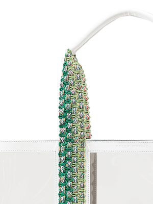 Load image into Gallery viewer, Hand woven, durable strap in green and white. Strap quality ensures your bag can stand up to all your water activities, making this tote easy and comfortable to carry. #color_white
