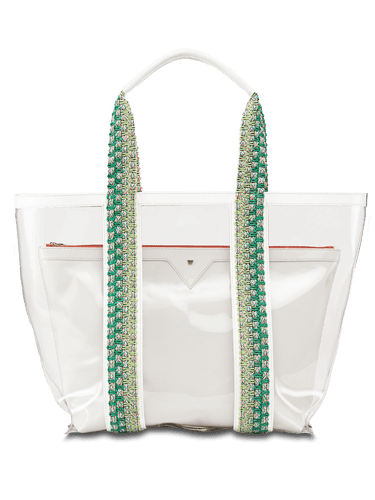 Water resistant, high-quality beach bag. Exterior tote in clear, interior patent leather pouch in White #color_white