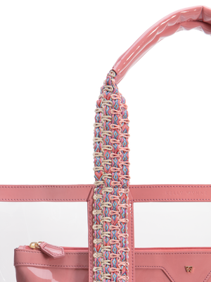 Load image into Gallery viewer, Hand woven, durable strap in tan and dusty pink. Strap quality ensures your bag can stand up to all your water activities, making this tote easy and comfortable to carry #color_rose
