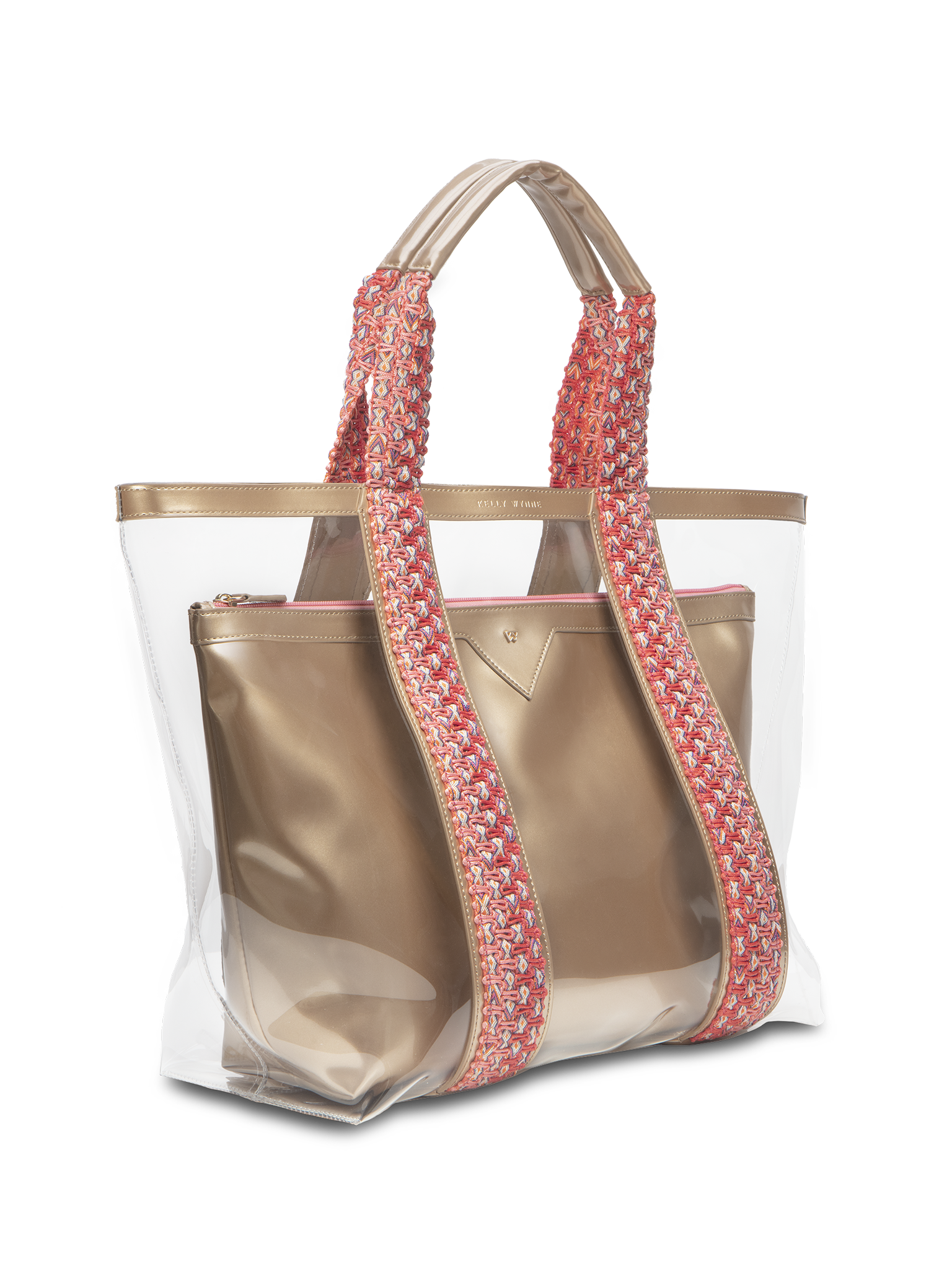 Clear exterior tote large enough to pack all your summer essentials. Waterproof material to make cleaning a breeze. Removable interior pouch made with water resistant vegan leather in champagne gold color 