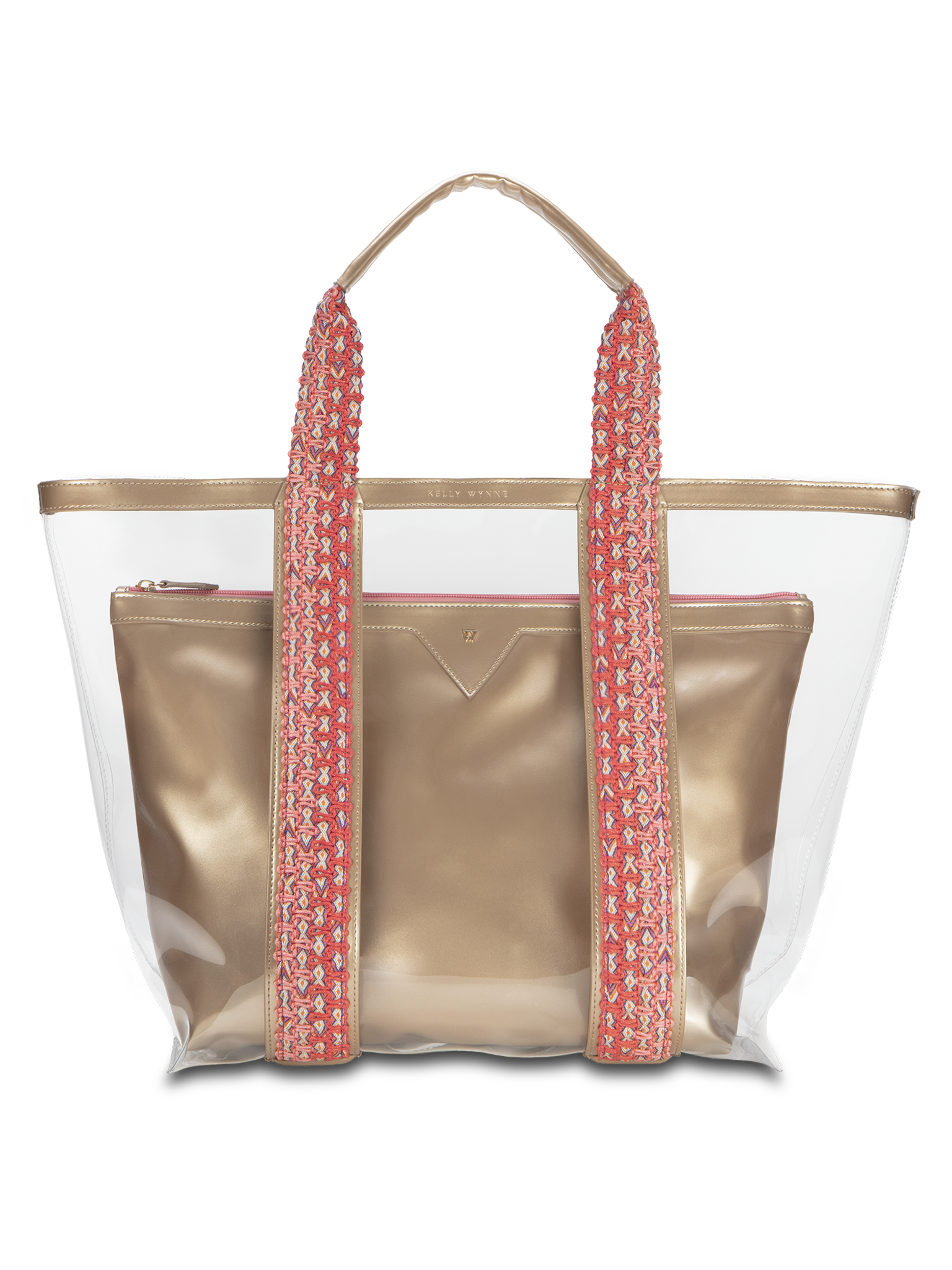 Water resistant, high-quality beach bag. Exterior tote in clear, interior patent leather pouch in Champagne Gold color 