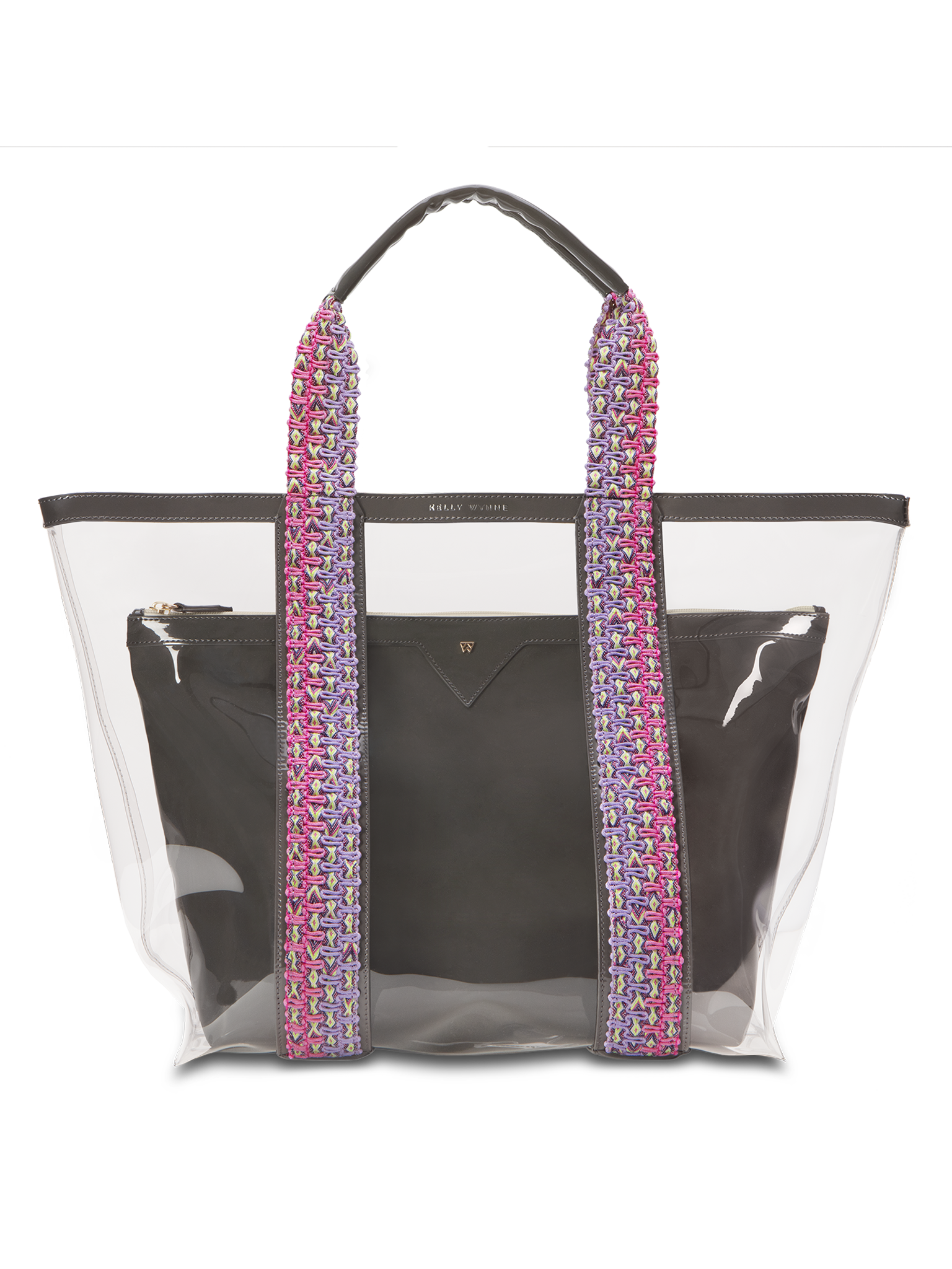 Water resistant, high-quality beach bag. Exterior tote in clear, interior patent leather pouch in black 