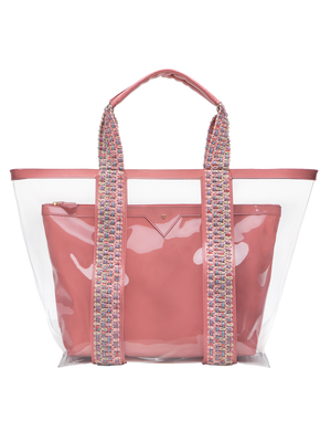 Load image into Gallery viewer, Water resistant, high-quality beach bag. Exterior tote in clear, interior patent leather pouch in rose #color_rose
